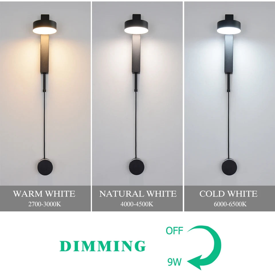 Modern LED Wall Lamp with Knob Switch Dimmable Wall light Indoor Lighting Adjustable 7W 9W Black For Bedroom Bedside Aisle Stair