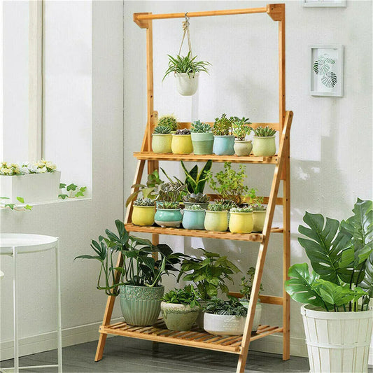 3-Tier Hanging Plant Stand Storage Shelf Folding Flower Pot Organizer Display Storage Rack Adjustable Hanger Rod Bamboo Patio
