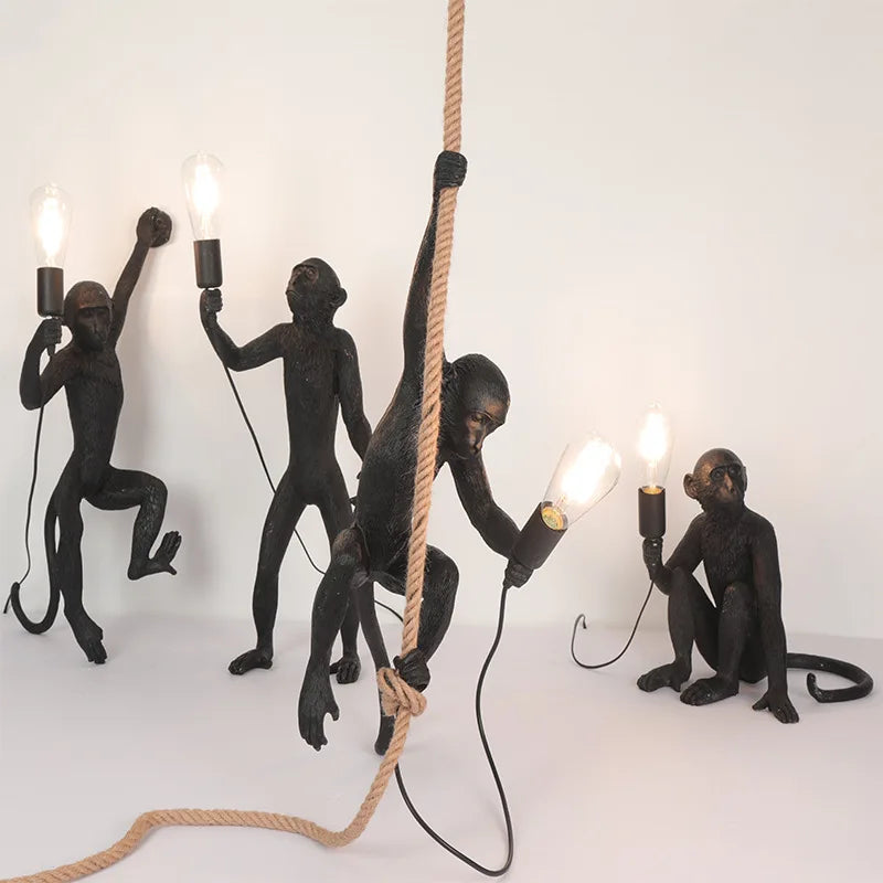 Modern LED Art Monkey Pendant Light Resin Simian Pendant Lamp for Living Parlor Study Room Corridor Lights Home Interior Decor