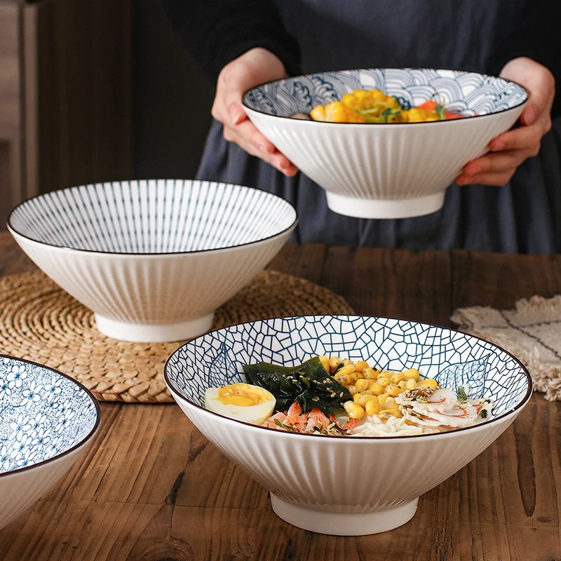 Ceramic 8-inch Kitchen Ramen Bowl Large Soup Hat Bowls Durable Rice Noodle Tableware Traditional Japanese Style Household Dishes